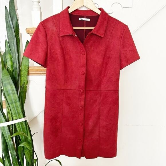 Zara Red Faux Suede Short Sleeve Snap Button Down Mini Shirt Dress Size M - Picture 2 of 5